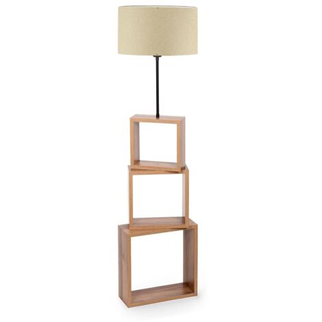 Lampadaire combiné 3 étagères Venes 140cm Bois Naturel et Tissu Blanc crème
