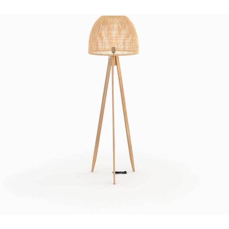 Rendez-vous Déco - Lampadaire trépied en rotin et bois de teck massif - corte