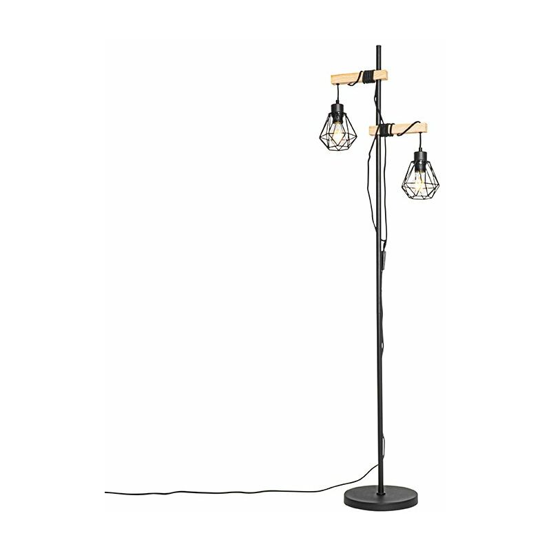 QAZQA chon - Lampadaire avec Abat-Jour - 2 lumière - H 155 cm - Noir - Rustique - éclairage intérieur - Salon I Chambre I Cuisine I Salle à manger