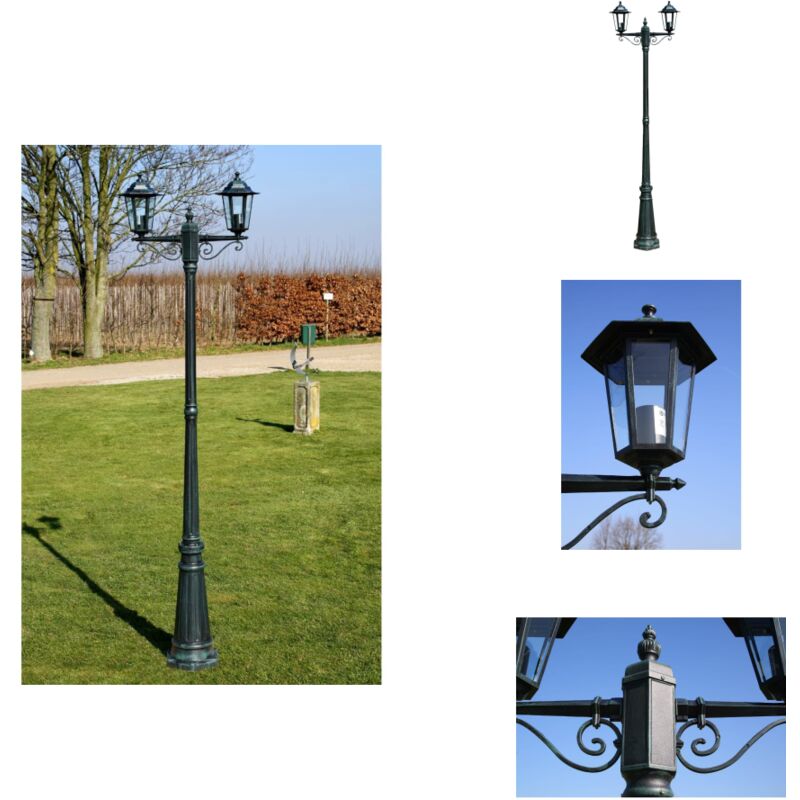 Lampadaire de jardin 2 bras 215 cm Vert foncé/Noir Aluminium - Lampe De Jardin - Lampadaire Extérieur - Éclairage Extérieur - Luminaire De Terrasse