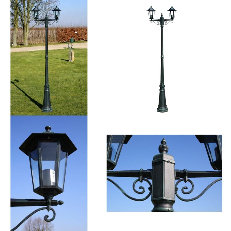 Lampadaire de jardin 2 bras 215 cm Vert foncé/Noir Aluminium - Lampe De Jardin - Lampadaire Extérieur - Éclairage Extérieur - Luminaire De Terrasse