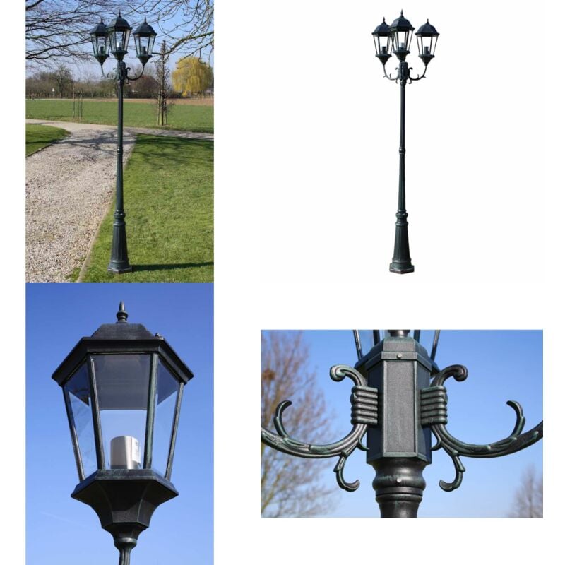 Lampadaire de jardin 3 bras 230 cm Vert foncé/Noir Aluminium - Lampe De Jardin - Lampadaire Extérieur - Éclairage Extérieur - Luminaire De Terrasse