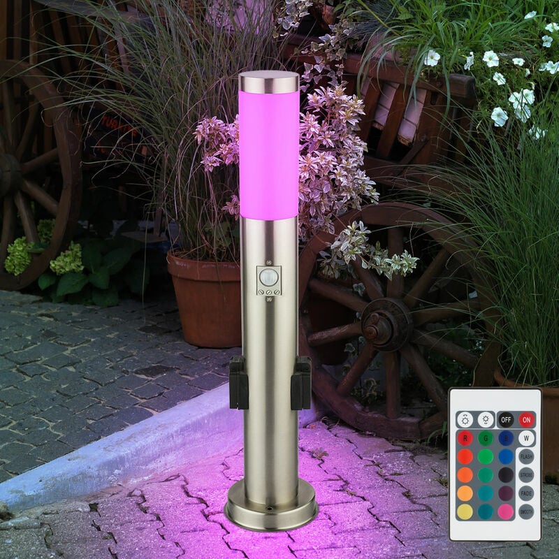 Lampadaire de jardin dimmable avec prises de télécommande éclairage de chemin d'extérieur avec détecteur de mouvement lampadaire, acier inoxydable,