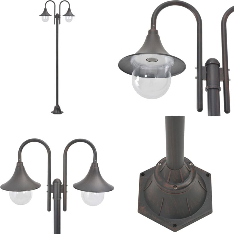 Lampadaire de jardin E27 220 cm Aluminium 2 lanternes Bronze - Lampadaire De Jardin - Éclairage Extérieur - Luminaire De Terrasse - Lumière