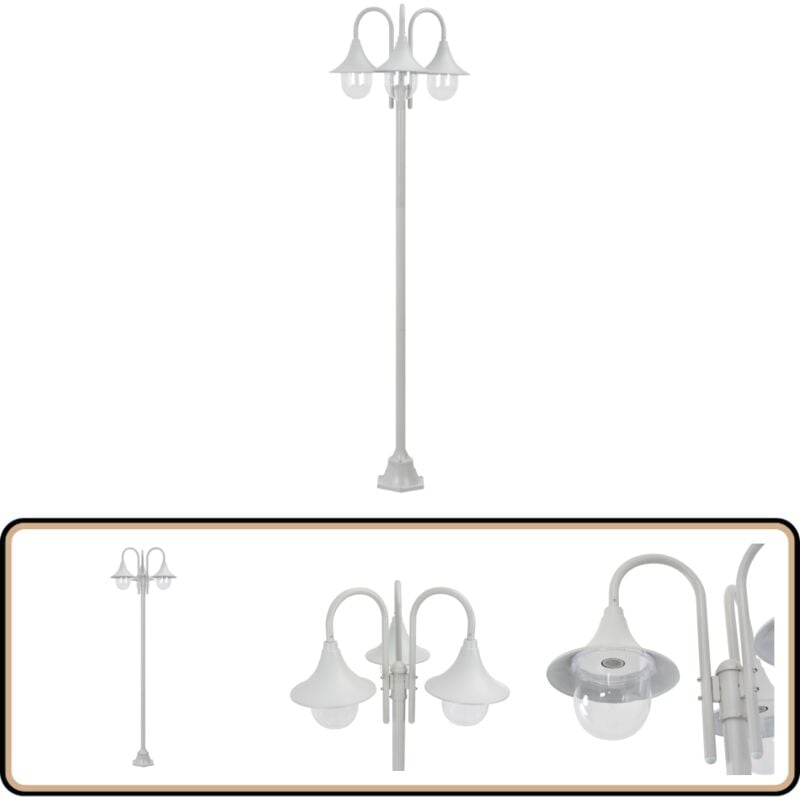 Lampadaire de jardin E27 220 cm Aluminium 3 lanternes Blanc - Lampadaire De Jardin - Éclairage Extérieur - Luminaire Extérieur - Lampes De Jardin