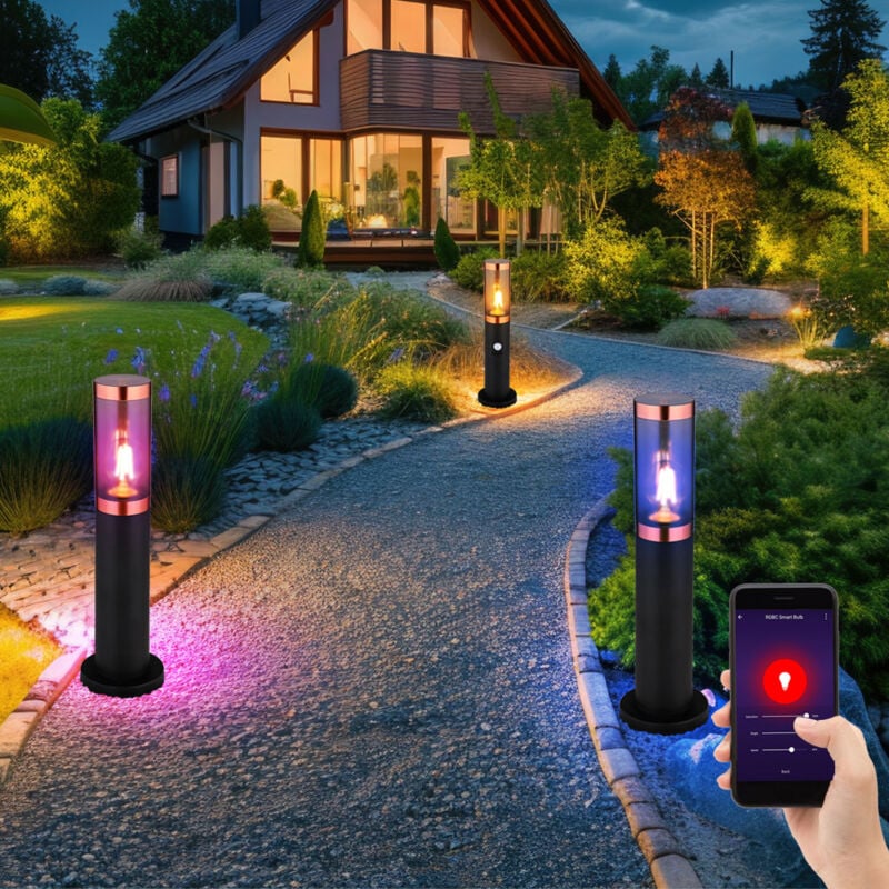 Lampadaire de jardin fumé sur pied avec détecteur de mouvement, contrôle par application cct, acier inoxydable, Smart rgb led 8,5W 806Lm, PxH 7,6x45