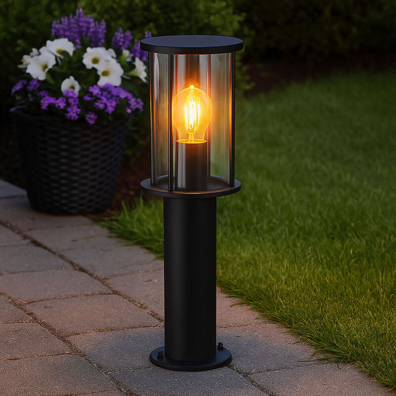 Lampadaire de jardin lampadaire d'extérieur noir, éclairage de chemin résistant aux intempéries, abat-jour fumé inox, 1x douille E27, DxH 14,3x45 cm