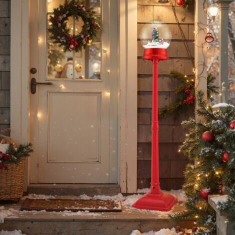 Lampadaire de Noël Musical 150CM sur Pied avec 8 Mélodies Neige Soufflante Scène Rotative 15 LED Colorées avec Train Rouge