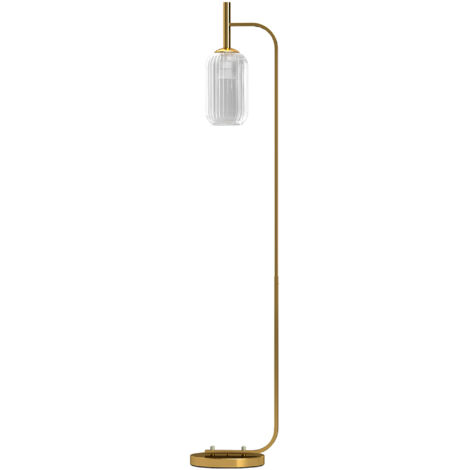 Lampadaire de salon en métal doré 29x25x152 cm avec abat-jour en verre texturé et interrupteur au pied