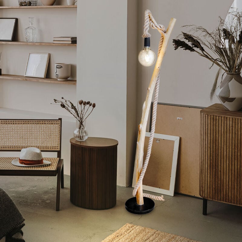 Lampadaire en bois Lampe de salon brune Lampadaire chambre à coucher, corde de chanvre, 1x E27, LxH 25x 150 cm