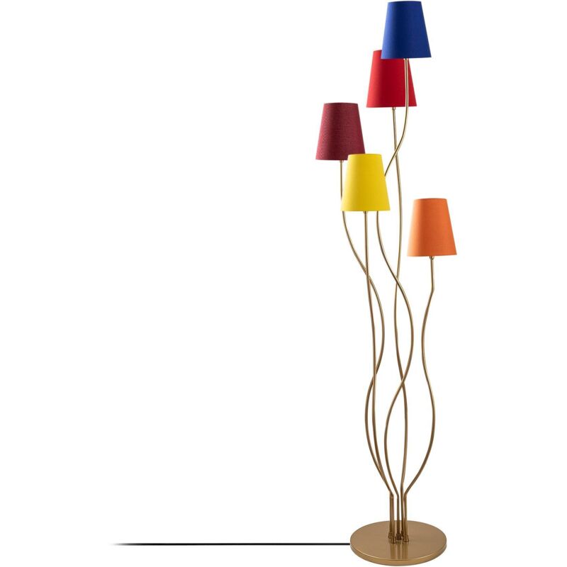 Lampadaire design 5 lampes Roselin H160cm Métal Or et Tissu Bleu, Rouge, Jaune et Orange Lampadaire design 5 lampes Roselin H160cm Métal Or et Tissu Bleu, Rouge, Jaune et Orange