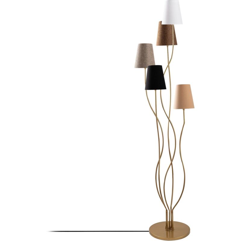 Lampadaire design 5 lampes Roselin H160cm Métal Or et Tissu Blanc, Marron, Beige, Gris et Noir Lampadaire design 5 lampes Roselin H160cm Métal Or et Tissu Blanc, Marron, Beige, Gris et Noir