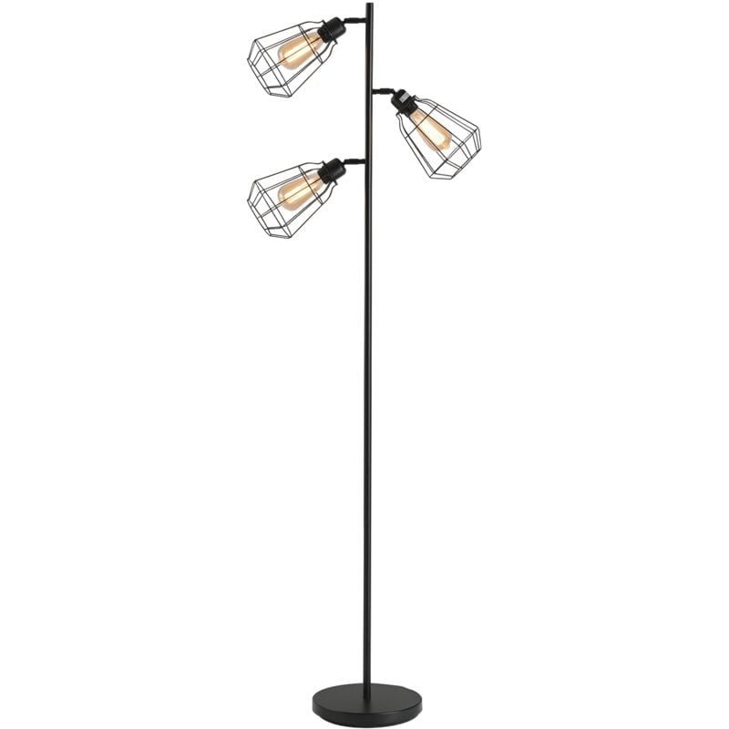 Lampadaire design industriel 3 ampoules max. 40 w abat-jour cage métal noir