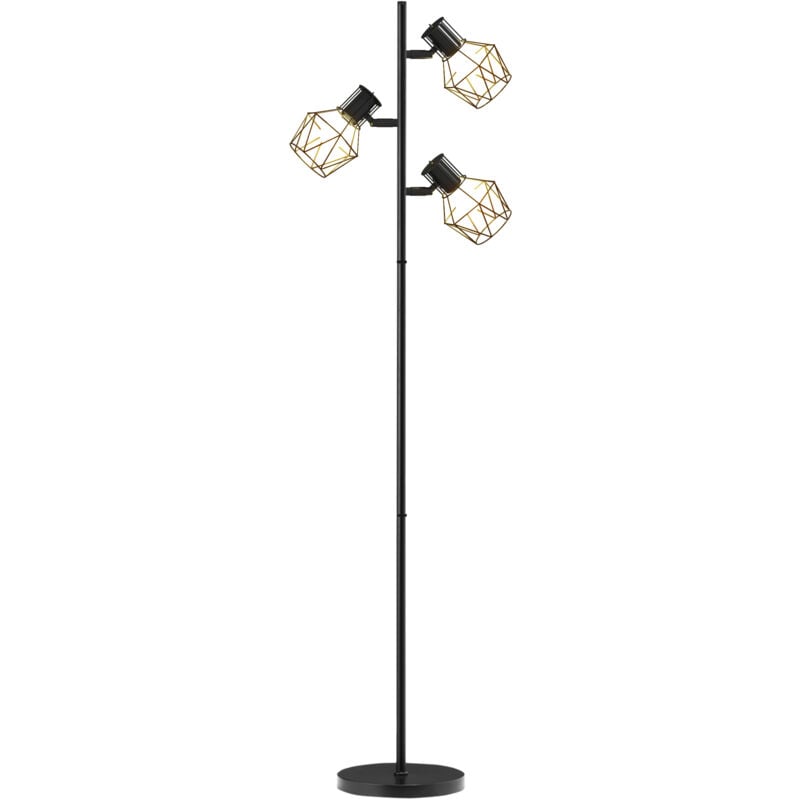 Lampadaire design industriel 3 ampoules max. 40W H.169 cm abat-jour cage métal noir