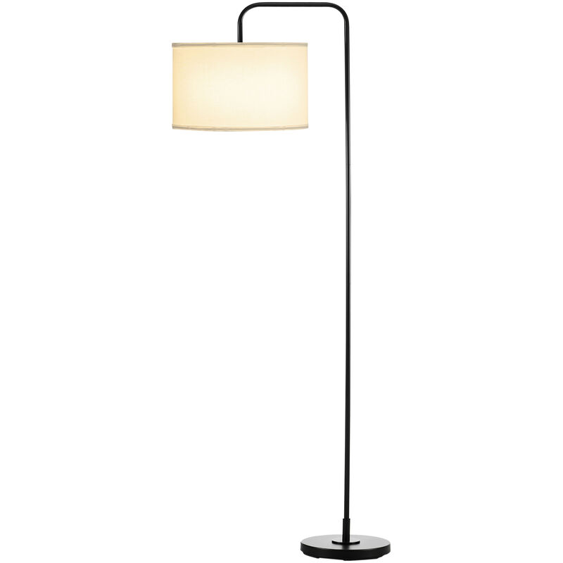 Lampadaire design néo-rétro max. 40 w 163H cm abat-jour circulaire aspect lin blanc piètement structure acier noir