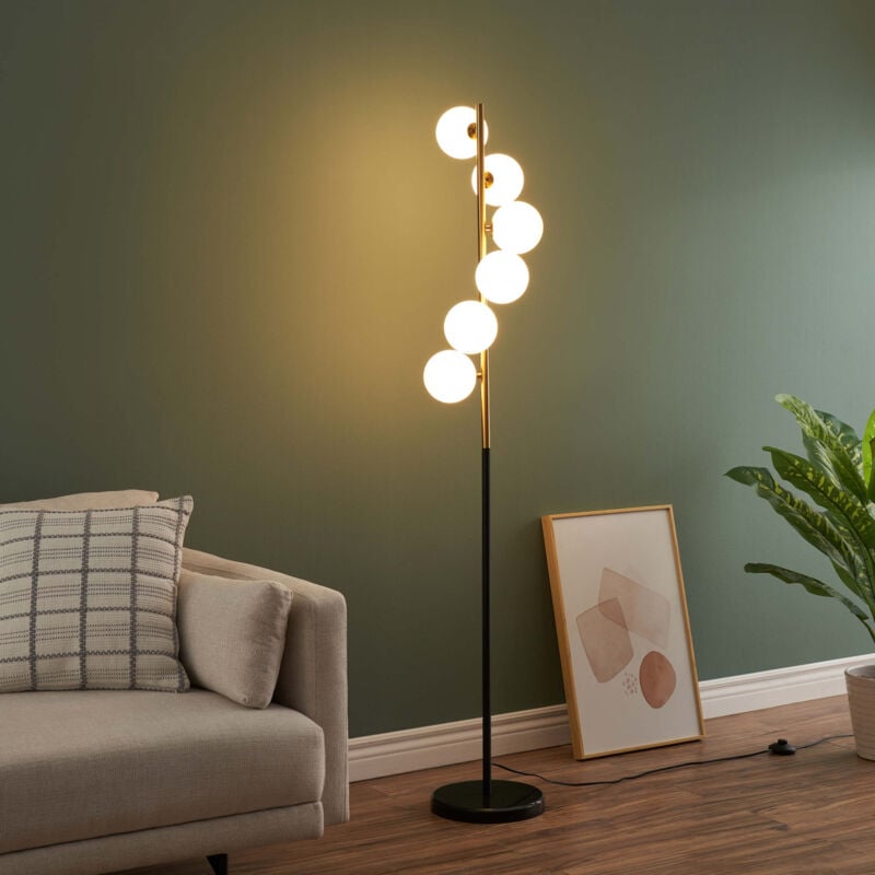 Kosilum - Lampadaire design noir et laiton sphères blanches - Sierra