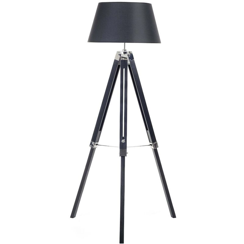 Lampadaire sur Trépied E27 Max 40W en Bois de Pin Noir et Argenté Polycoton Madeira