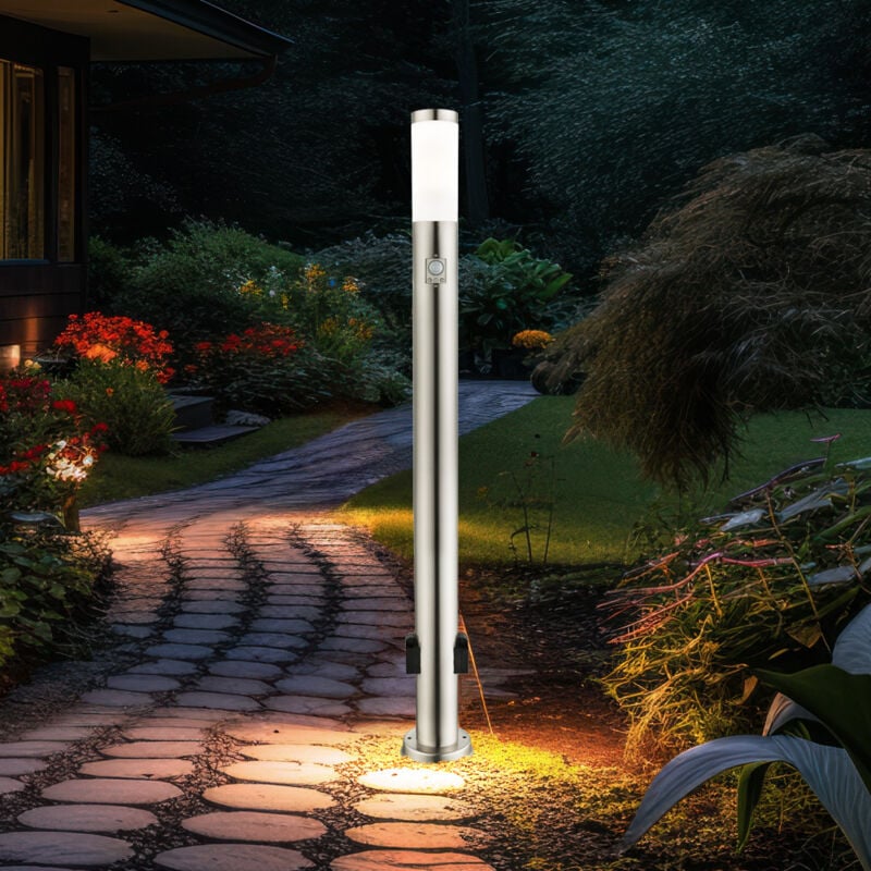Lampadaire d'extérieur avec socle détecteur de mouvement douilles lumière extérieure acier inoxydable, opale, led 9W 500Lm blanc chaud, DxH 7,6x110 cm