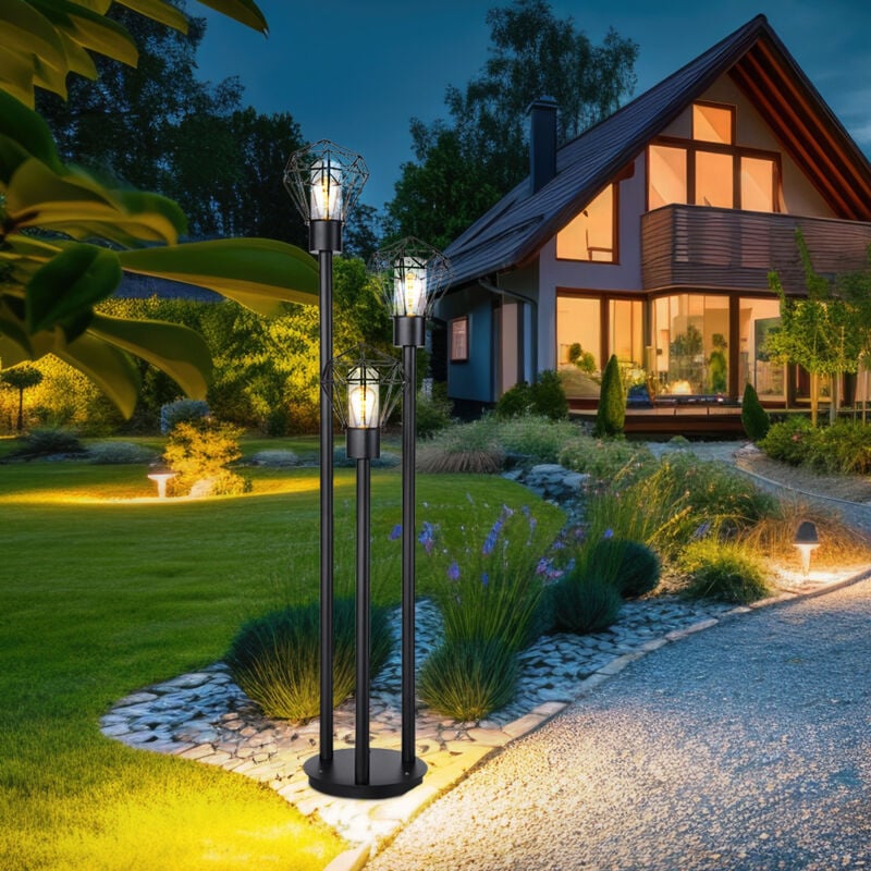 Lampadaire d'extérieur lampadaire chemin lumineux retro grid lampadaire 3 flammes, acier inoxydable métal noir, plastique transparent, 3x E27, LxH