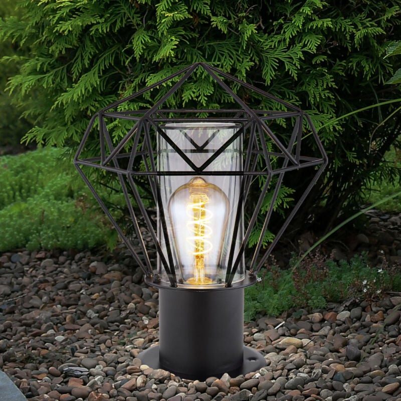 Lampadaire d'extérieur sur pied de jardin noir, lampadaire d'extérieur en acier inoxydable, abat-jour grillagé design industriel, 1x E27, LxH 22,5 x