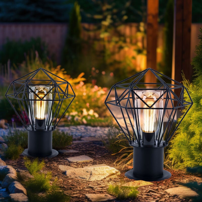 Lampadaire d'extérieur sur pied de jardin noir, lampadaire d'extérieur en acier inoxydable, abat-jour grillagé design industriel, 1x E27, LxH 22,5 x