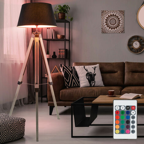 Lampadaire dimmable avec télécommande lampe en bois Lampadaire LED salon, trépied en bois à changement de couleur RVB, 8,5W 806lm blanc chaud, DxH 65x145 cm