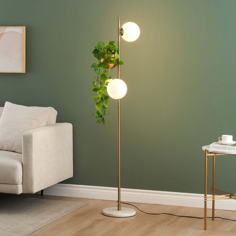Lampadaire doré verre blanc avec support plante - Ortensia