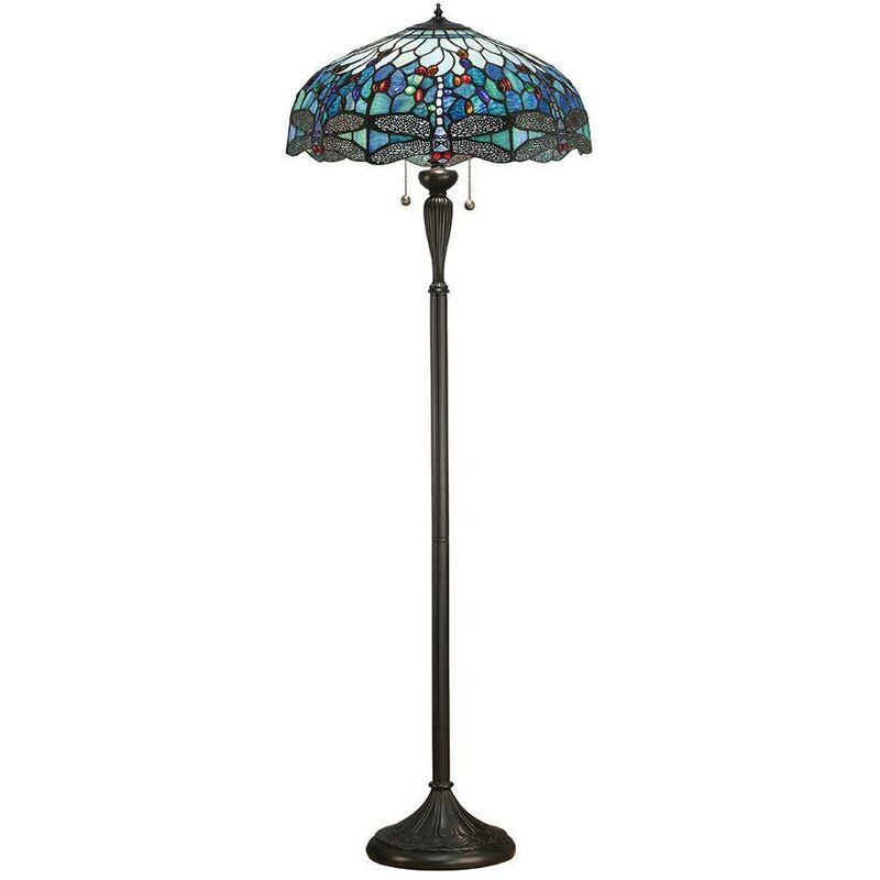 Interiors Dragonfly Blue - Lampadaire à 2 lampes, bronze foncé, bleu, verre de style Tiffany, E27