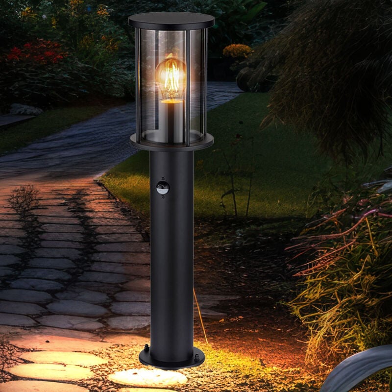 Lampadaire led lampe de jardin lampe d'extérieur métal noir verre fumée détecteur de mouvement inox, 7W806lm blanc chaud, h 60 cm
