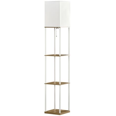 Lampadaire, éclairage indirect, avec étagères, structure en métal, abat-jour en tissu, 26 x 26 x 159 cm, blanc/marron