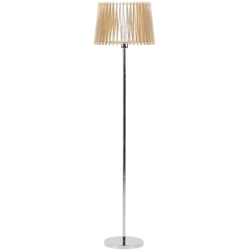 Lampadaire avec Abat-jour Effet Bois Clair sur Pied en Métal Chromé E27 Max 40W Éclairage Ambiant pour Salon ou Chambre Moderne et Glamour Beliani
