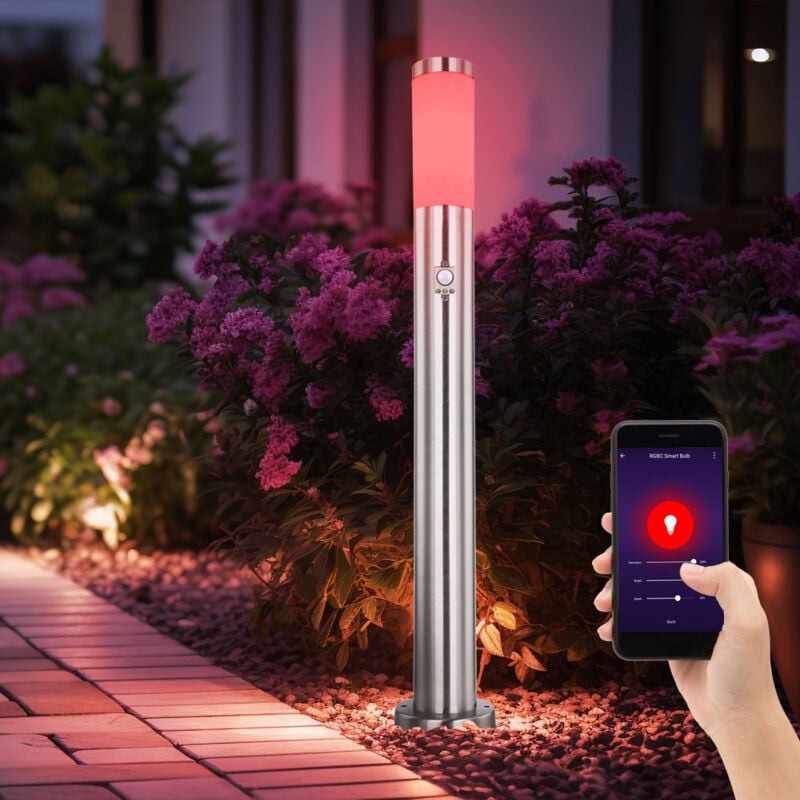 Lampadaire en acier inoxydable dimmable détecteur de mouvement lumière extérieure de jardin argent contrôlable par téléphone portable