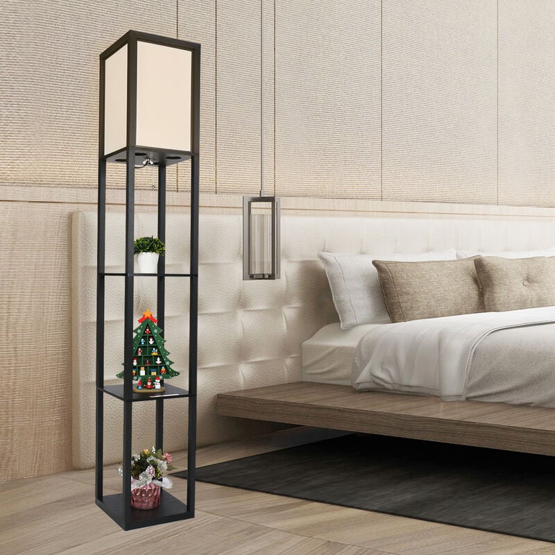 Lampadaire en bois Design Lampe sur Pied avec 3 Niveaux Etagères und E27 Base 1.6M Lampadaire étagère noir - Noir