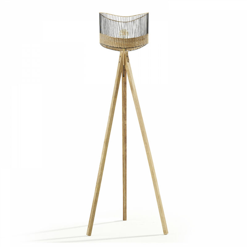 Lampadaire en manguier massif et rotin