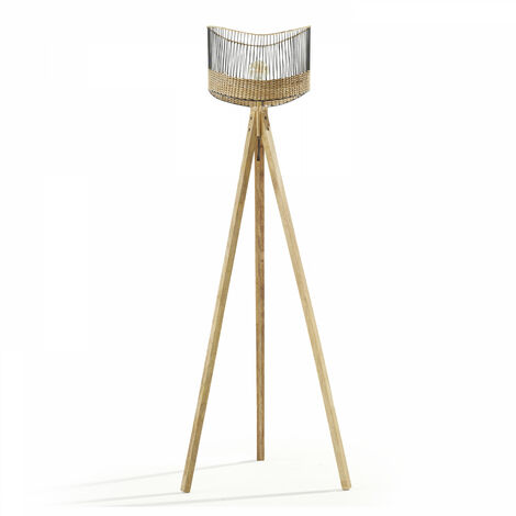 Lampadaire en manguier massif et rotin