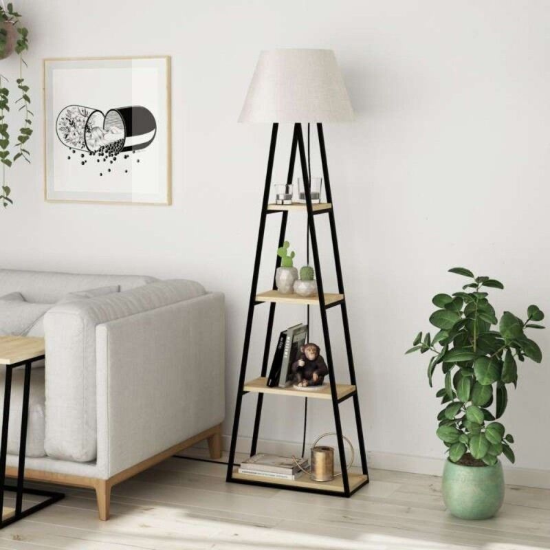 Lampadaire en métal noir avec étagères en chêne 50x165H cm - Pal