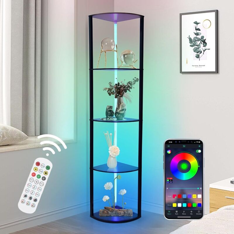 Lampadaire Etagere, 6 Températures de Couleur, avec bande led et tube, Lampe sur Pied decoration pour Salon, Chambre, Étudier, Bureau,Lampadaire noir