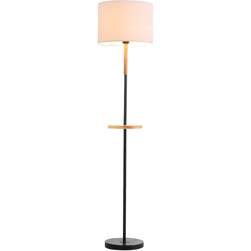 lampadaire etagere style industriel - pietement mat metal noir etagere, extremite haute bois d'hevea abat-jour polyester coton blanc