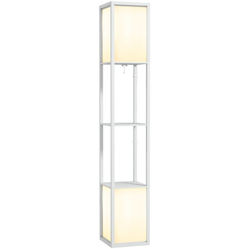 Lampadaire étagères design H.156 cm double éclairage abat-jour tissu blanc