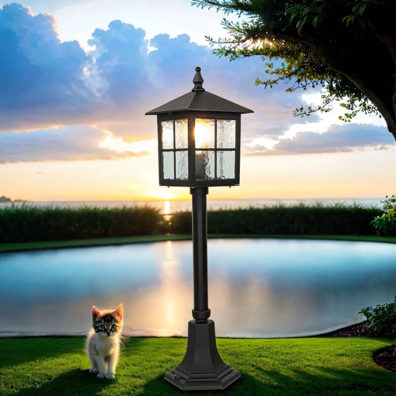 Lampadaire extérieur Maison Cour IP43 Noir E27 76 cm Verre Métal Rustique Lanterne d'allée