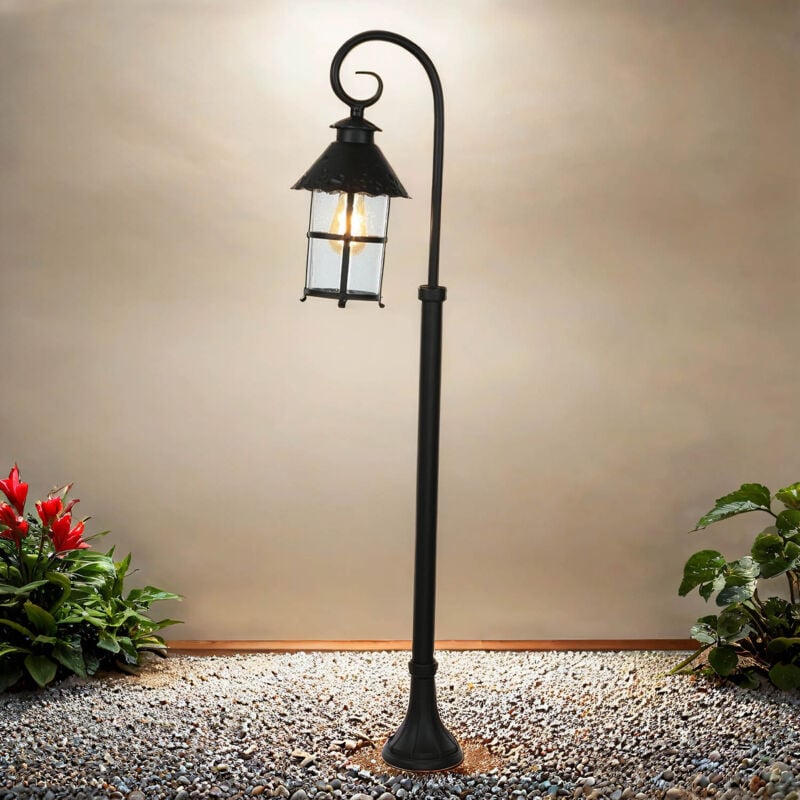 Lampadaire extérieur Maison Jardin IP23 Noir E27 116 cm Rustique Verre Métal Lanterne d'allée