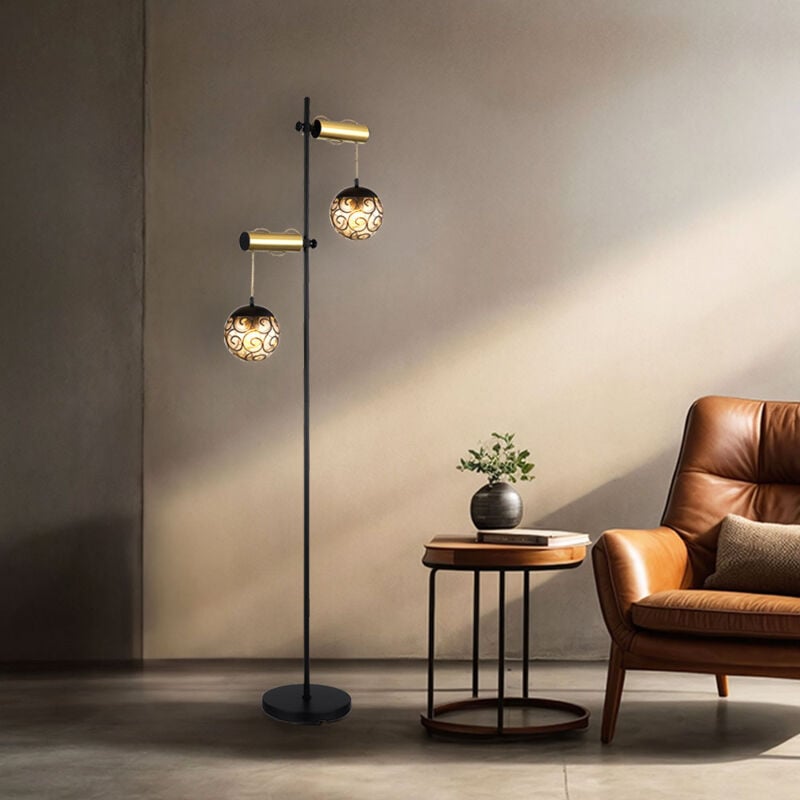 Lampadaire, lampe de salon, lampe de chambre, lampadaire, lampe d'appoint, métal plastique, couleur fumée noire, réglable en hauteur, 2 ampoules E27,