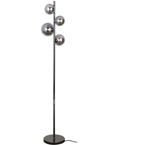 Lampadaire glamour noir perlé boules fumées 4xG9