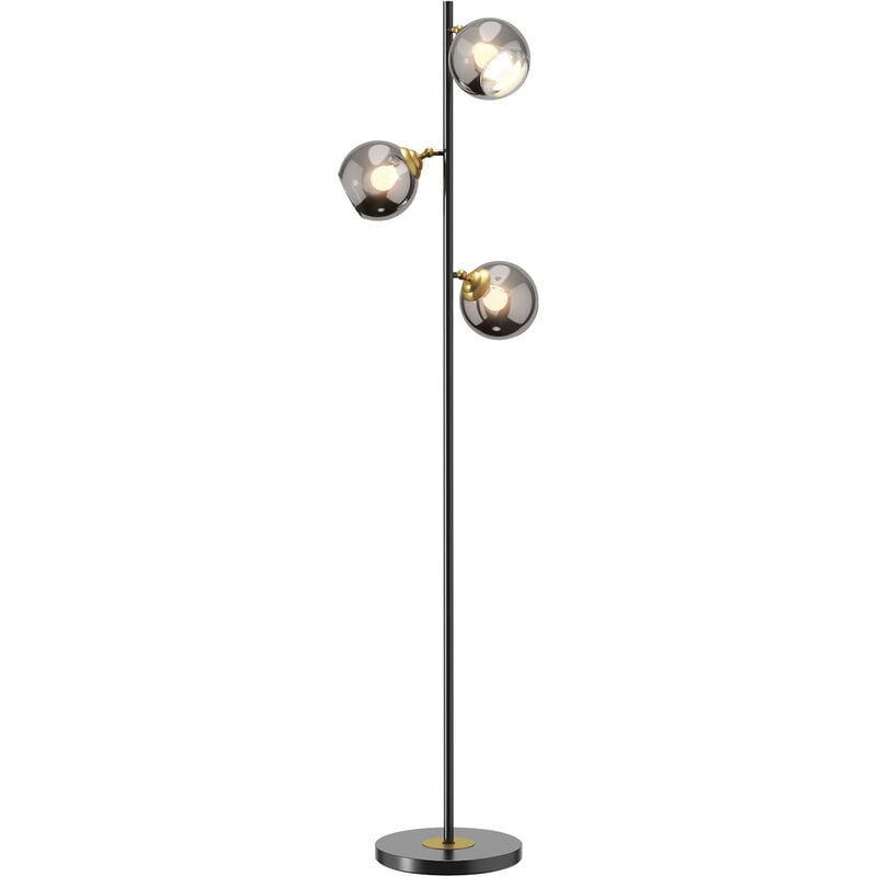 Lampadaire globe design néo-rétro 3 ampoules orientables max. 40 w h. 162 cm métal noir doré verre gris