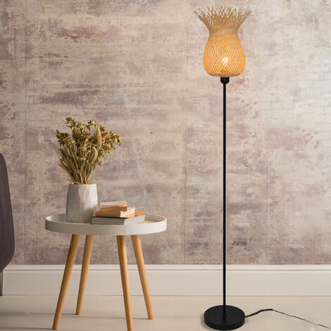 Lampadaire Hawai 160cm métal noir bambou naturel compatible LED
