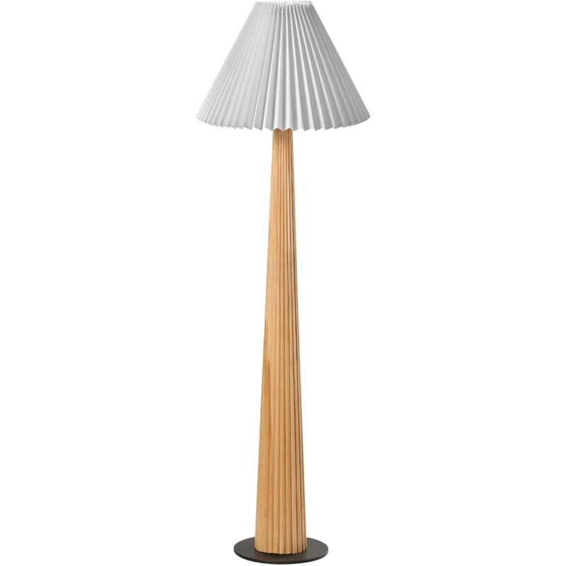 Lampadaire Industriel avec Abat-Jour en Tissu et Base en Bois d'Hévéa Blanc Naturel Aligide