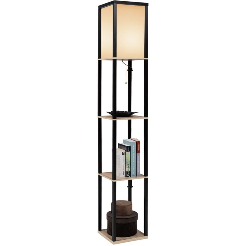 Lampadaire industriel en bois noir avec étagères en bois clair et abat-jour carré blanc