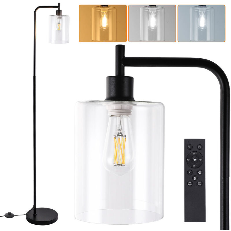 Lampadaire industriel moderne pour chambre à coucher - Intensité variable - Avec abat-jour en verre transparent - 800 lumens - Blanc - Télécommande