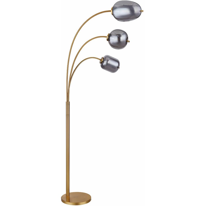 Lampadaire lampadaire arc lampe salon lampe chambre, métal verre laiton fumée, 3 ampoules E14, interrupteur au pied, l 80 cm
