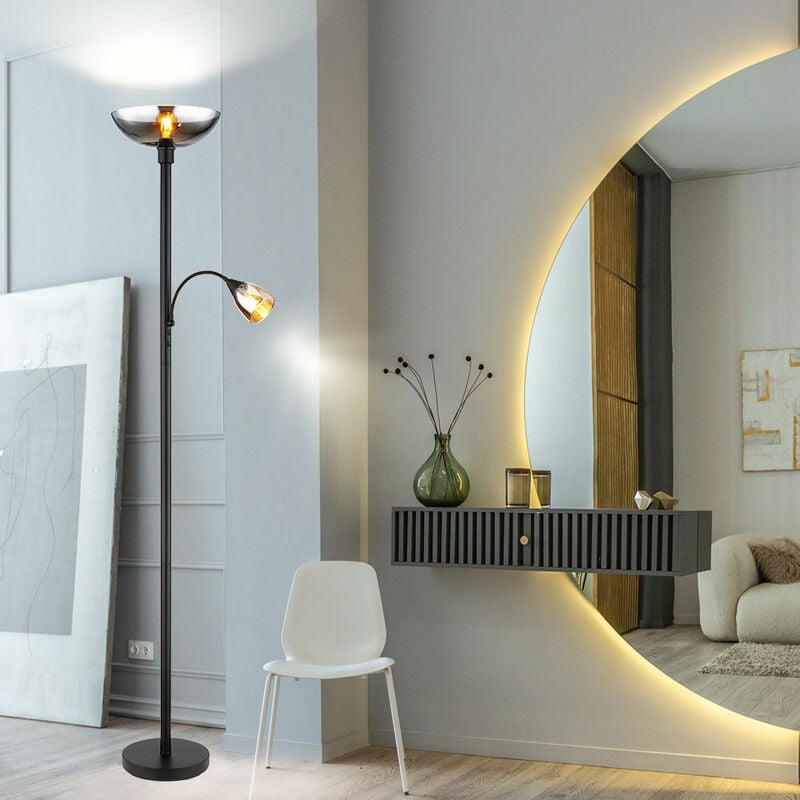 Lampadaire, plafonnier, lampadaire, lampe de lecture, lampe de chambre, lampe de salon, métal noir, verre fumé, commutable séparément, spot de